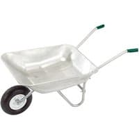 Galvanised steel wheelbarrow with green handles, single black wheel, and 65L capacity.