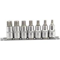 Draper 7-piece silver TORX-STAR socket bit set with 1/2'' drive, neatly arranged on a metal rail.