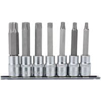 Draper 7-piece TORX-STAR security socket bit set, silver with hexagonal shafts, mounted on a black holder.