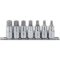 Draper 7-piece TORX-STAR security socket bit set, silver, mounted on a black rail, various bit sizes visible.