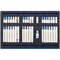 Draper 40-piece screwdriver bit set with silver bits and blue accents in a black foam organizer.