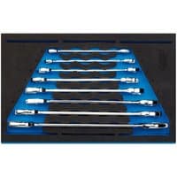 Draper 8 Piece Open Ended Spanner Set with silver wrenches in a black and blue foam tray.