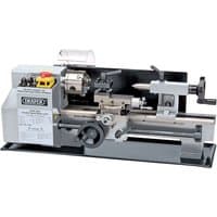Blue and silver Draper LATHE-300 metal work lathe, variable speed, with control panel and precision adjustment knobs.