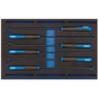 Draper 6-piece long reach hook/pick set with black handles in blue EVA foam insert tray, organized in a drawer layout.