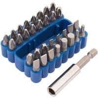 Blue Draper 33-piece screwdriver set with various silver bits and a magnetic bit holder.