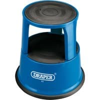 Blue Draper metal kickstool with black rubber top and base, featuring two steps and a round design.