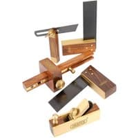Draper Mini Woodworkers Tool Set with brass and wood square, plane, and bevel gauge, featuring polished metal blades.