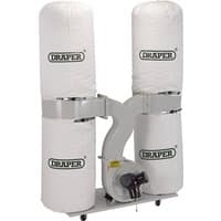 Draper dust extractor with two large white collection bags, metal frame, and powerful motor on wheels.