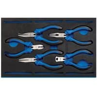 Draper Precision Plier Set with blue handles in black EVA tray, includes five assorted pliers neatly arranged.