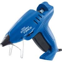 Blue Draper Storm Force glue gun with variable heat, ergonomic grip, and metal stand.