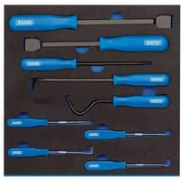 Draper 9 Piece Scraper, Hook and Pick Set with blue handles in black foam tray.