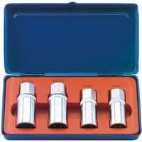 "Draper SES 1/2'' Drive 4 Piece Stud Extractor Set in blue case with orange interior, featuring four silver extractors"