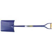 Blue Draper solid forged contractors taper mouth shovel with a wooden D-grip handle.