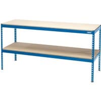 Blue Draper steel workbench with two wooden shelves, 1800 x 600 x 900mm, featuring a sturdy metal frame.