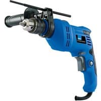 Blue Draper Storm Force 550W impact drill with black grip handle, adjustable side handle, and depth rod.