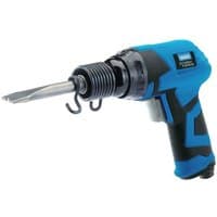 Blue and black Draper Storm Force air hammer with chisel attachment, ergonomic grip, and metal barrel.