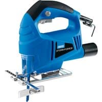 Blue Draper Storm Force Jigsaw 400W with ergonomic handle, clear blade guard, and adjustable base plate.