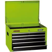 Green Draper TC5D/G 26" tool chest with five black drawers and metal handles, open lid showing interior space.