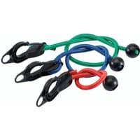 Assorted 12-piece tarpaulin bungee set with green, blue, and red cords, black hooks, and ball ends.