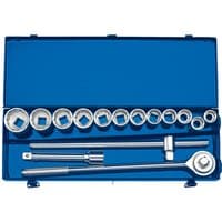 Draper TD15M 3/4'' drive 15 piece metric socket set in a blue case with ratchet, extensions, and sockets.