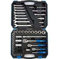 Draper TKD75M tool kit with wrenches, sockets, and ratchets in a blue and black hard case.