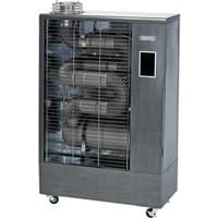 Draper Tools 11.6kW infrared diesel heater, metallic casing, visible internal coils, flue kit, on wheels.