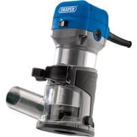 Blue and silver Draper trimming router, 710W, with clear base, ergonomic grip, and adjustable depth control.