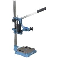 Blue Draper vertical drill stand with metal column, adjustable handle, and sturdy base for precision drilling.