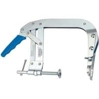 Silver Draper VSC10 valve spring compressor with blue handle and adjustable clamp mechanism.