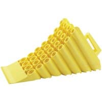 Yellow Draper WC250 250mm HGV wheel chock with ribbed surface and handle for stability and easy handling.
