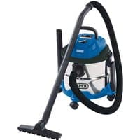 Draper wet and dry vacuum cleaner with blue accents, stainless steel tank, black hose, and wheels, 15L, 1250W.