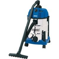Draper wet and dry vacuum cleaner with blue top, stainless steel 30L tank, black hose, and wheels.