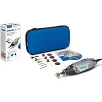 Dremel 3000-15 multitool with variable speed, gray and black, includes accessories, blue carrying case, and packaging box.