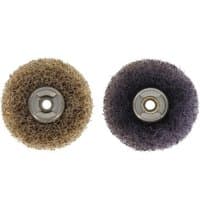 Two round Dremel abrasive buffs, brown 180 grit and gray 280 grit, with metal centers for rotary tools.