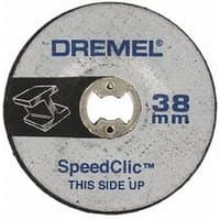 Dremel EZ SpeedClic grinding wheel, gray with blue logo, 38 mm size, pack of 2, labeled "This Side Up" with metal center.