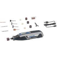 Dremel Lite 7760-15 rotary tool kit with black handle, gray accents, USB charger, and assorted attachments.