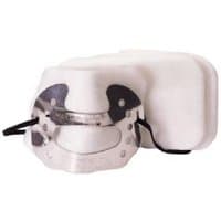 White Draper dust mask with metal nose clip and black straps, accompanied by six white refill pads.