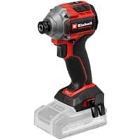 Red and black Einhell cordless impact driver with ergonomic grip and brushless motor.