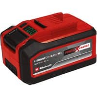 Red and black Einhell Power X-Change lithium battery, 18V, with Multi-Ah 5.0-8.0Ah capacity and digital display.