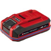 Red and black Einhell 18V 3.0Ah Power X-Change Plus battery with LED indicators and compact design.