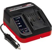 Black and red Einhell car charger with 3A output, LED indicators, and a 12V car plug adapter.