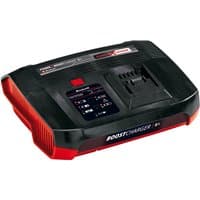 Black and red Einhell Power X-Boostcharger 8A with digital display and battery slot on top.