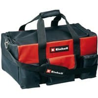 Red and black Einhell tool bag with multiple pockets, sturdy handles, and a zippered top.