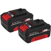 Black and red Einhell Power X-Change 18V 4.0Ah battery twinpack with power level indicators.