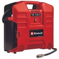 Red Einhell compressor with black accents, carrying handle, and attached hose, 36V, 8 Bar, Power X-Change series.