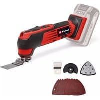 Red and black Einhell 18V multi-tool with interchangeable blades and sanding pads, bare unit without battery.