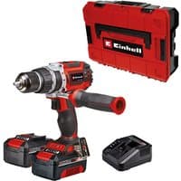 Red and black Einhell cordless impact drill with two 4Ah batteries, charger, and red carrying case.