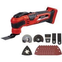 Red and black Einhell multifunctional tool with various attachments and sanding pads, 18V cordless design.