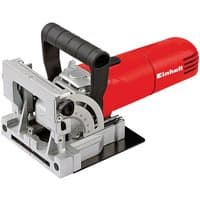 Red and silver Einhell TC-BJ 900 biscuit jointer with black handle and adjustable angle guide.