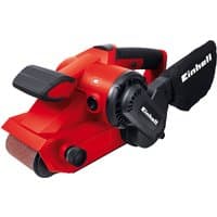 Red Einhell TC-BS 8038 belt sander with black handle, dust bag, and visible sanding belt.